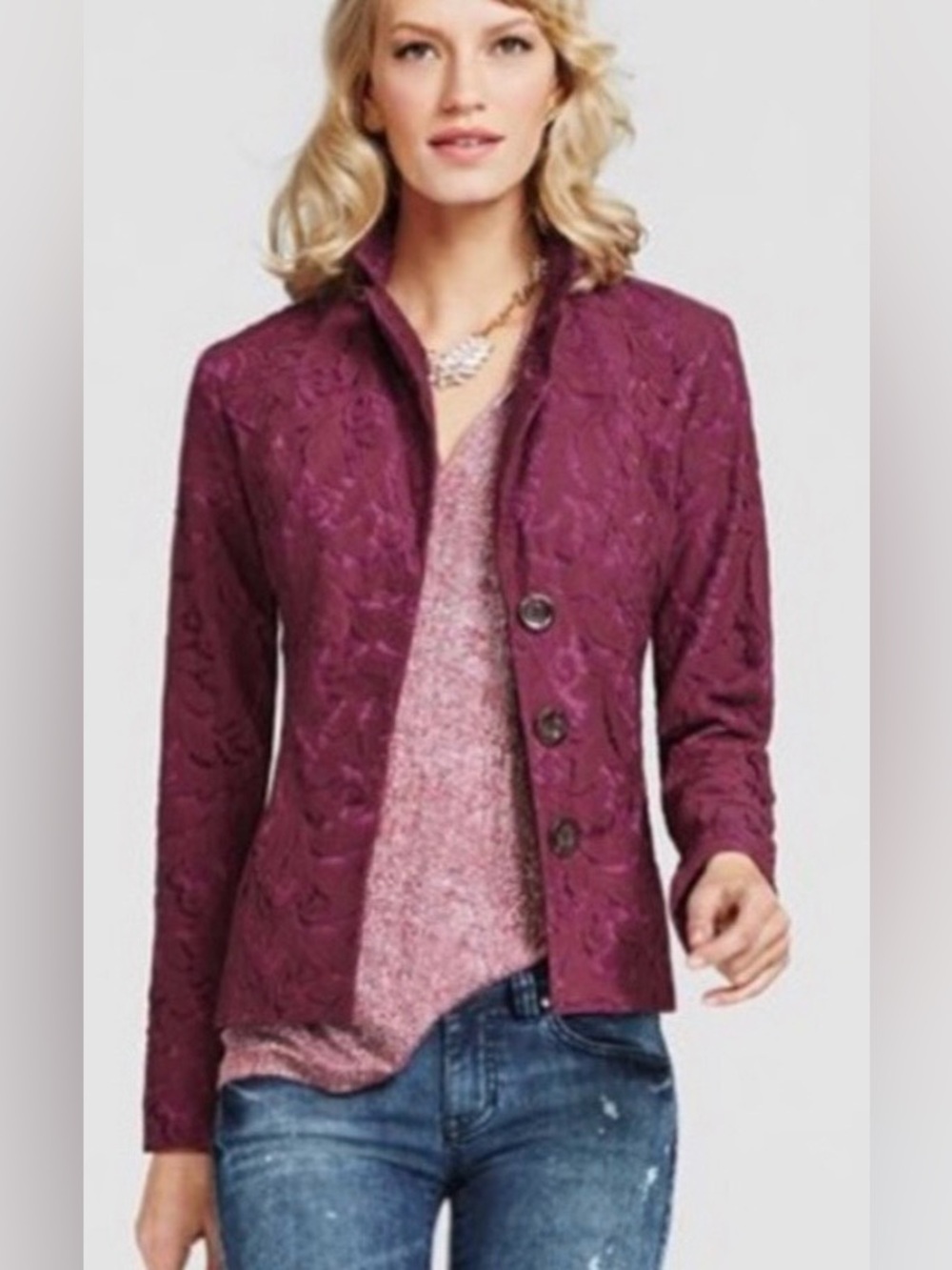 Cabi Lace Cotton Blend Frolic Jacket in Plumberry Size 2